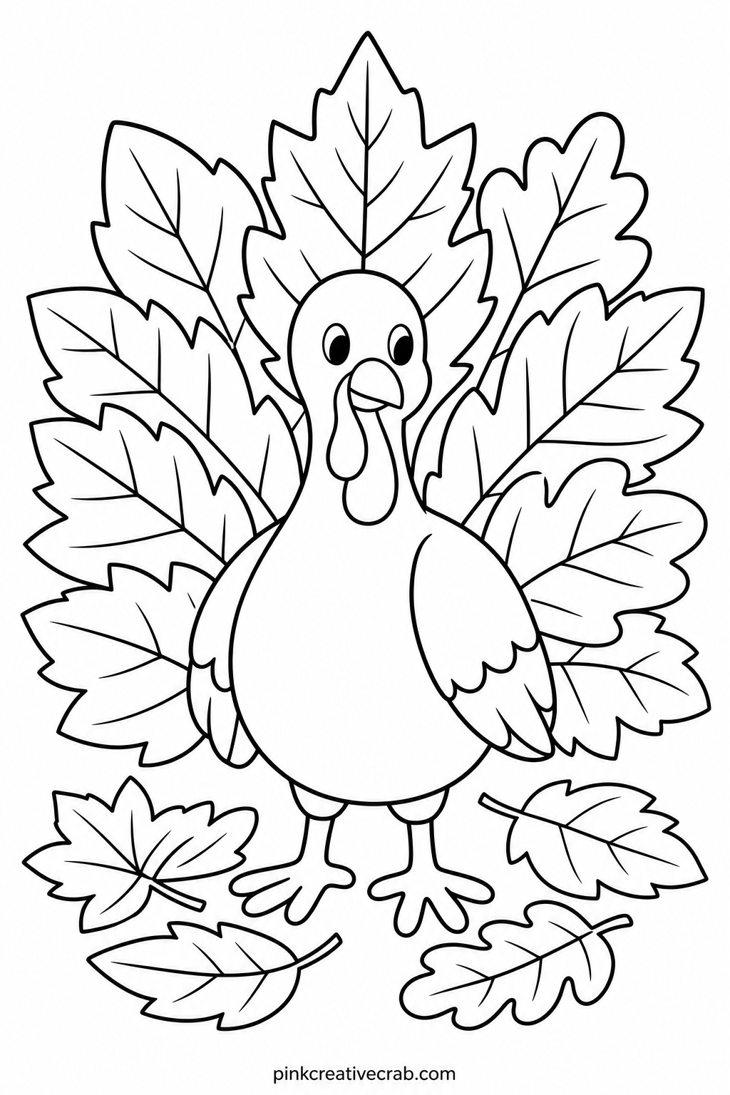 Turkey Fanning Autumn Leaves printable page — Once the feathers are filled in, trim around the fanned tail and tape it to a paper plate body for a tabletop