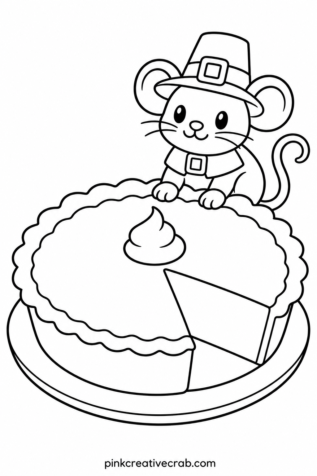 Pumpkin Pie And Pilgrim Mouse printable page — Set this page beside Gravy Boat And Dinner Rolls so the two finished sheets sit side by side like a tiny printed