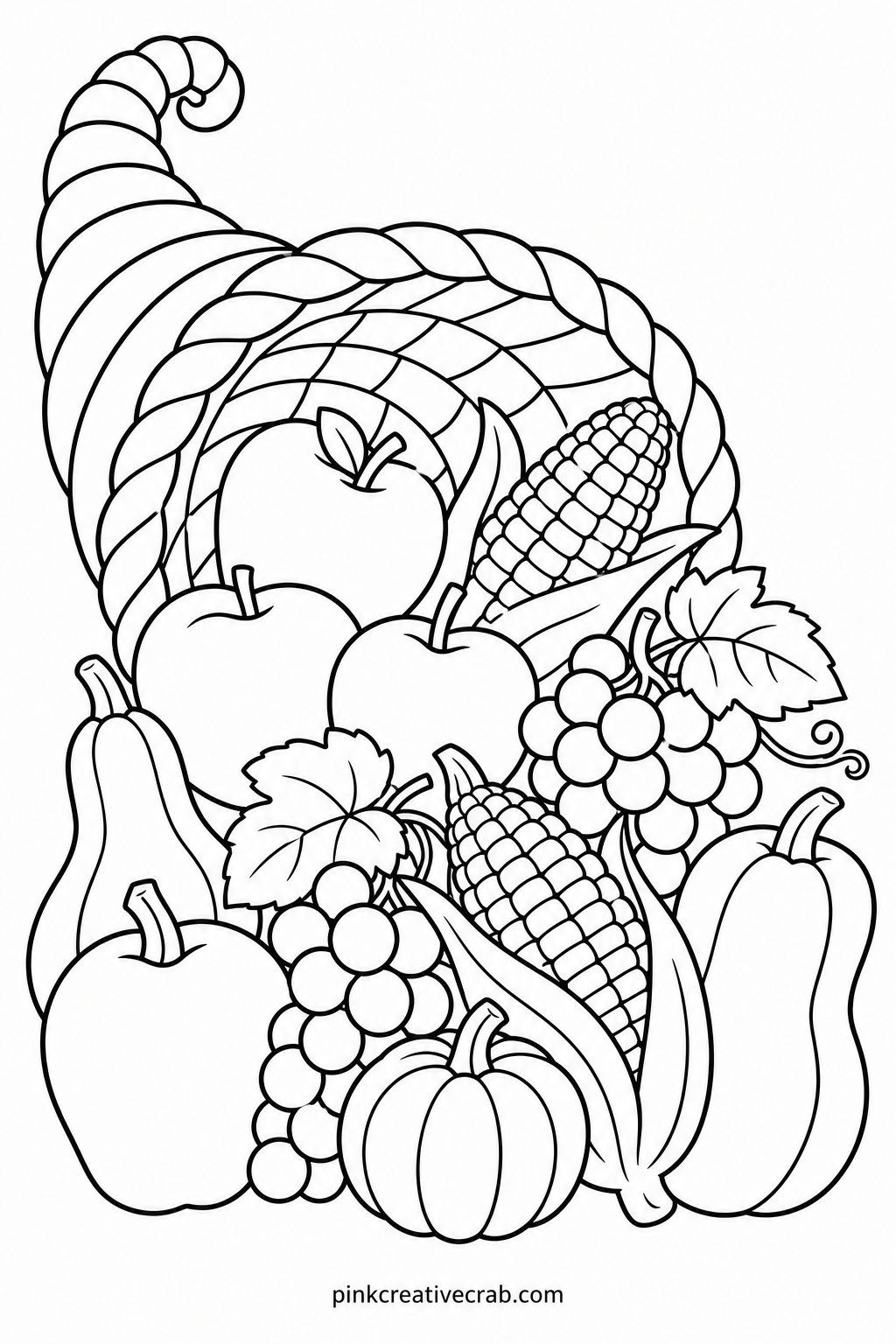 Overflowing Cornucopia printable page — Most kids color every piece of fruit the same shade of orange, and the whole basket ends up looking like one blurry