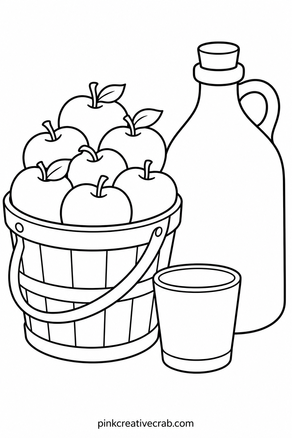 Apple Basket And Cider Jug printable page — Short on time before the turkey comes out, let a child color only the apples bright red and leave the basket and