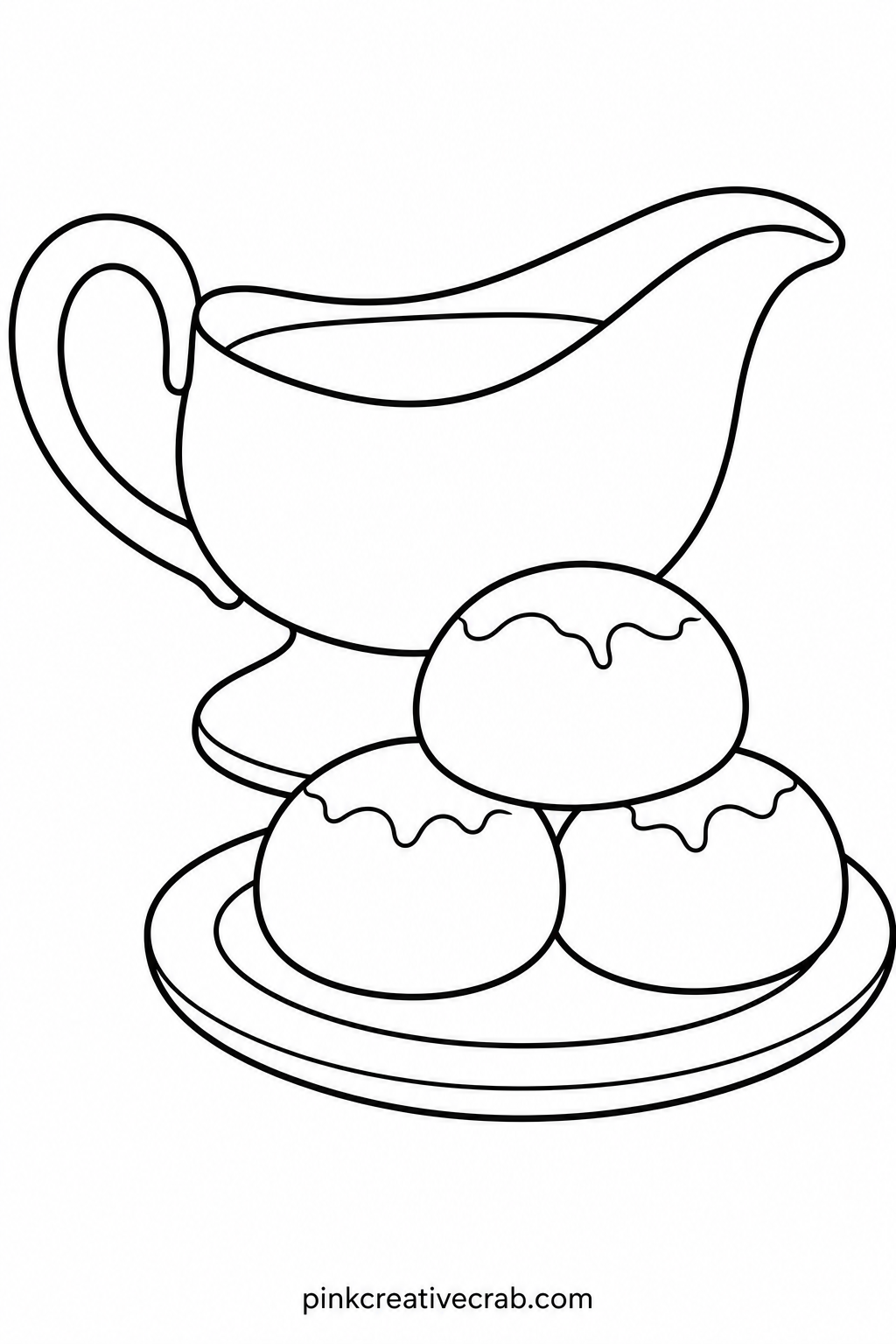 Gravy Boat And Dinner Rolls printable page — While the crayon moves over the rolls, ask which food on the real table she is most excited to eat. Thanksgiving