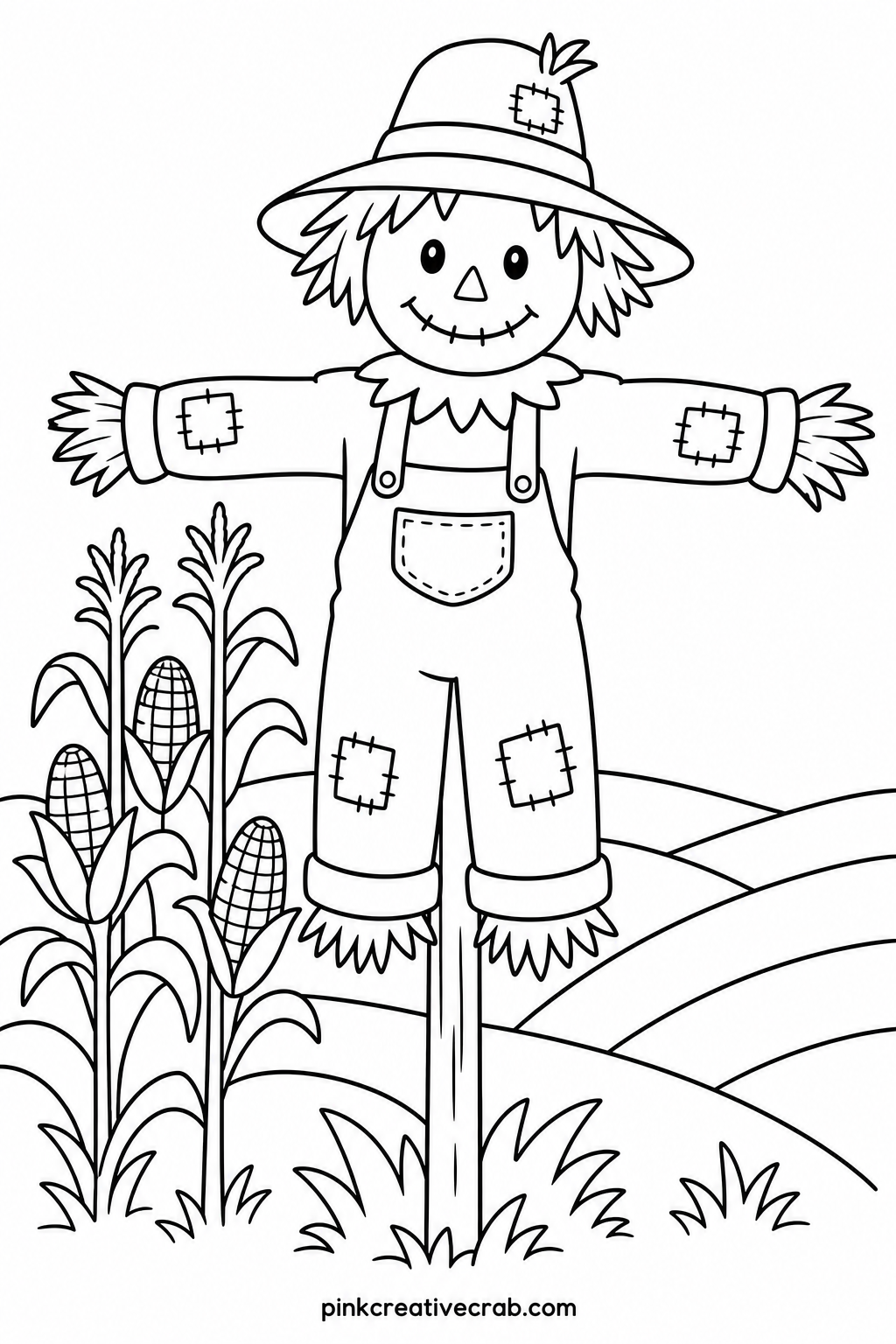 Scarecrow In The Field printable page — Brown and orange crayons suit the patched overalls and straw hat better than markers, since crayon lets a child shade