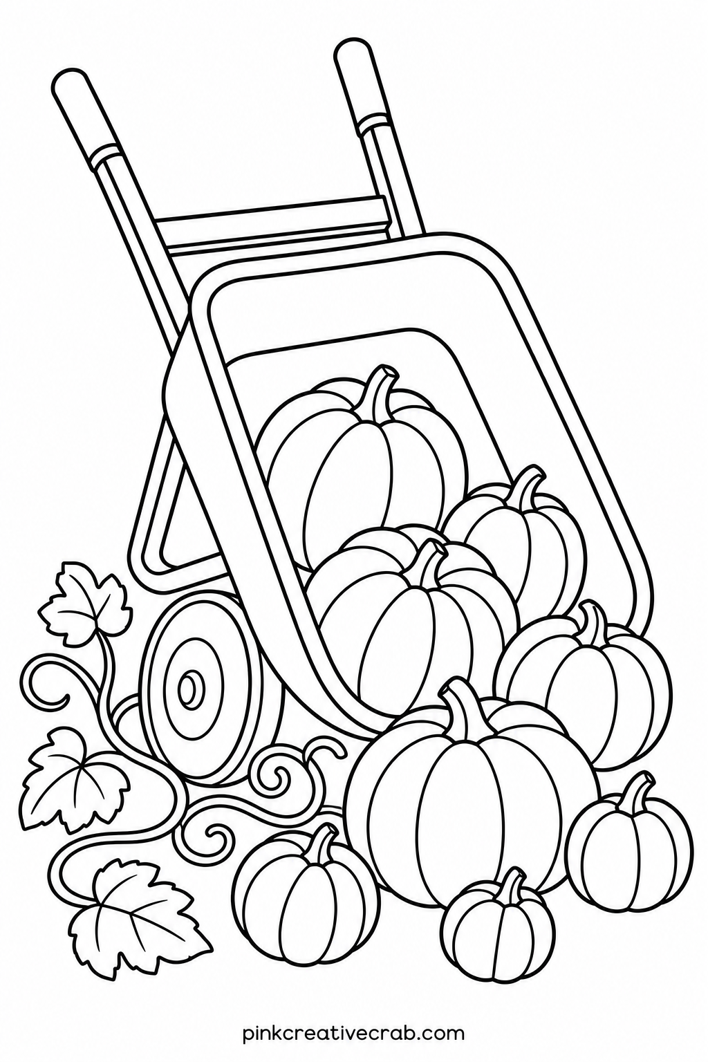 Pumpkin Patch Wheelbarrow printable page — Color the pumpkins in three slightly different oranges instead of just one, and the whole wheelbarrow looks fuller