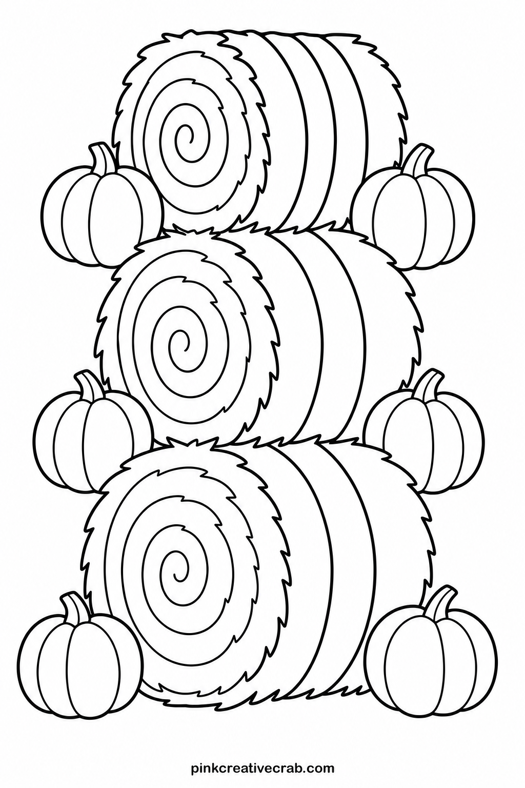 Hay Bale Stack With Pumpkins printable page — Trimmed and glued to a small stand, a finished hay bale stack folds nicely into a place card, one for each spot