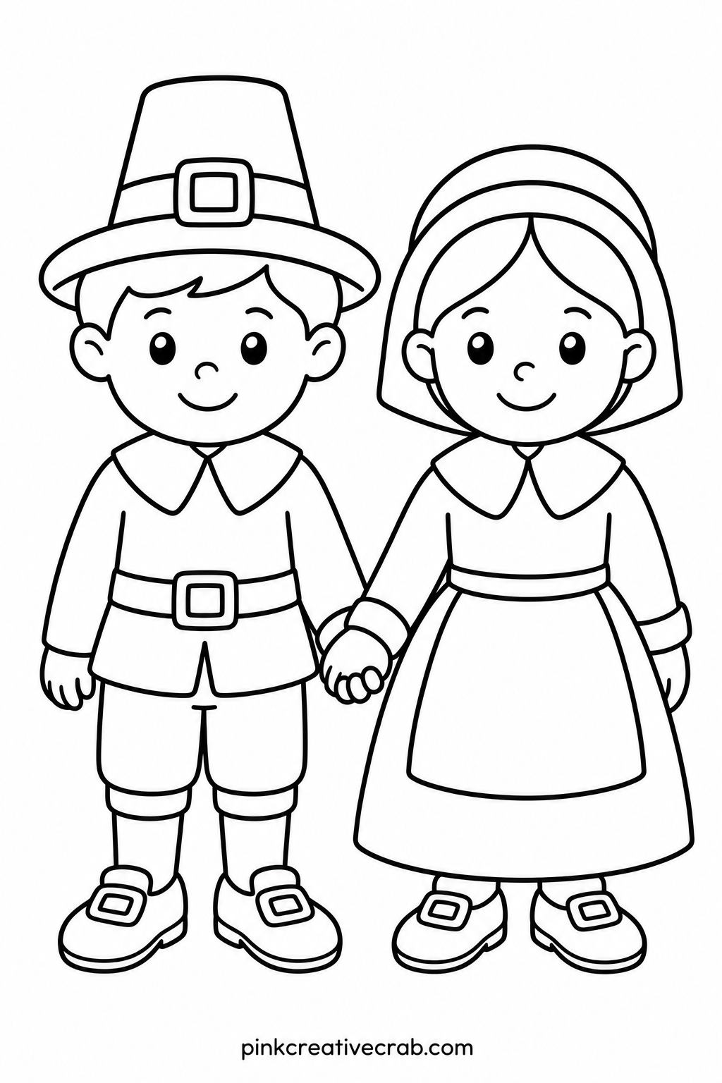 Pilgrim Boy And Girl printable page — Print this page next to Mayflower Ship On Waves so a child can color the travelers and their ship on the same afternoon