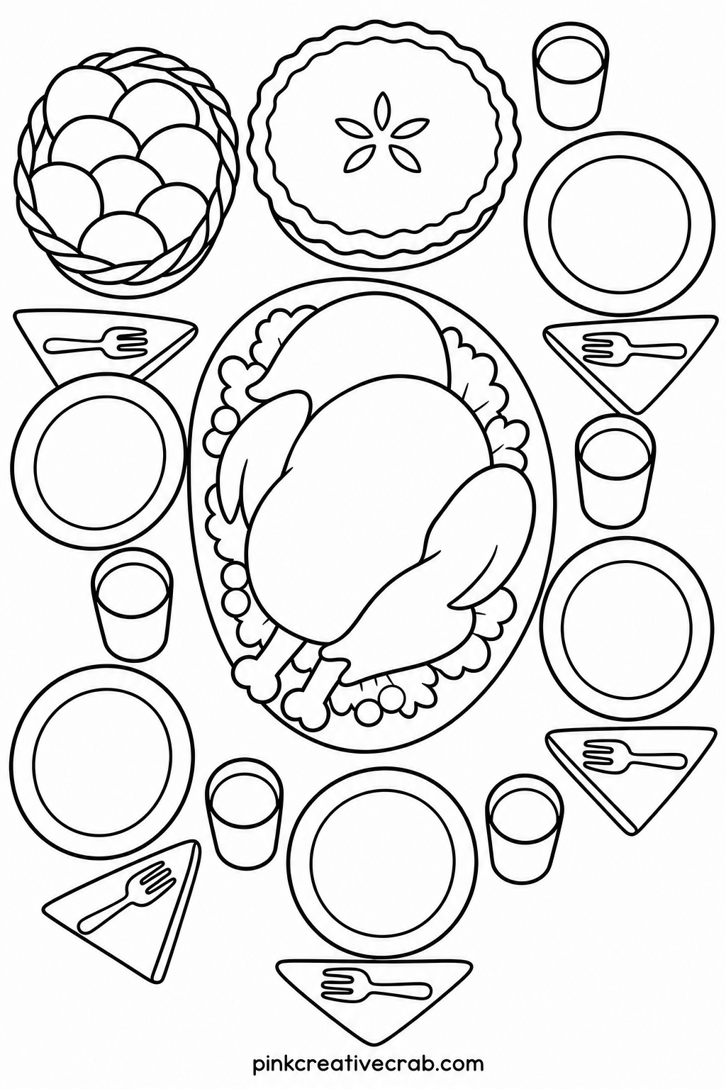 Thanksgiving Table Set For Dinner printable page — Kids often rush the plates and cups and leave the tablecloth blank, so the page looks unfinished even after