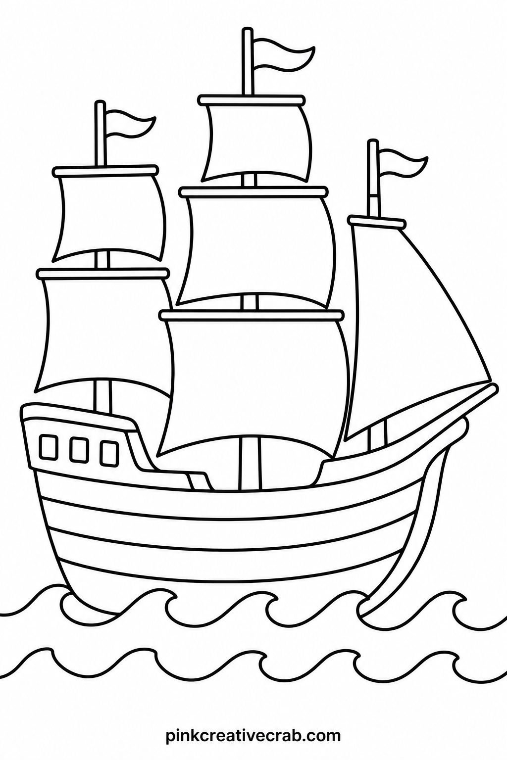 Mayflower Ship On Waves printable page — When ten minutes is all there is, let the sails stay plain white and ask for blue waves only, since a ship on blue