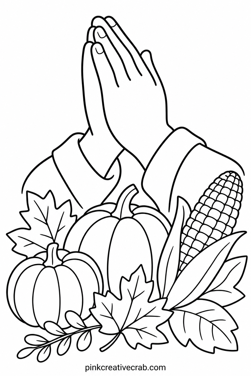 Praying Hands Over Harvest printable page — Ask what she is most thankful for this year while she colors around the folded hands and the harvest spread beneath