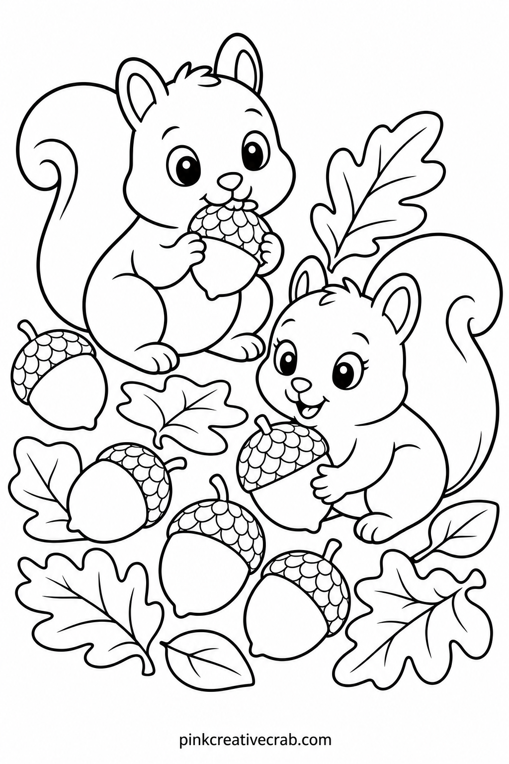 Squirrel Family Gathering Acorns printable page — Younger siblings who still name every animal they see will enjoy picking out the small squirrel family tucked