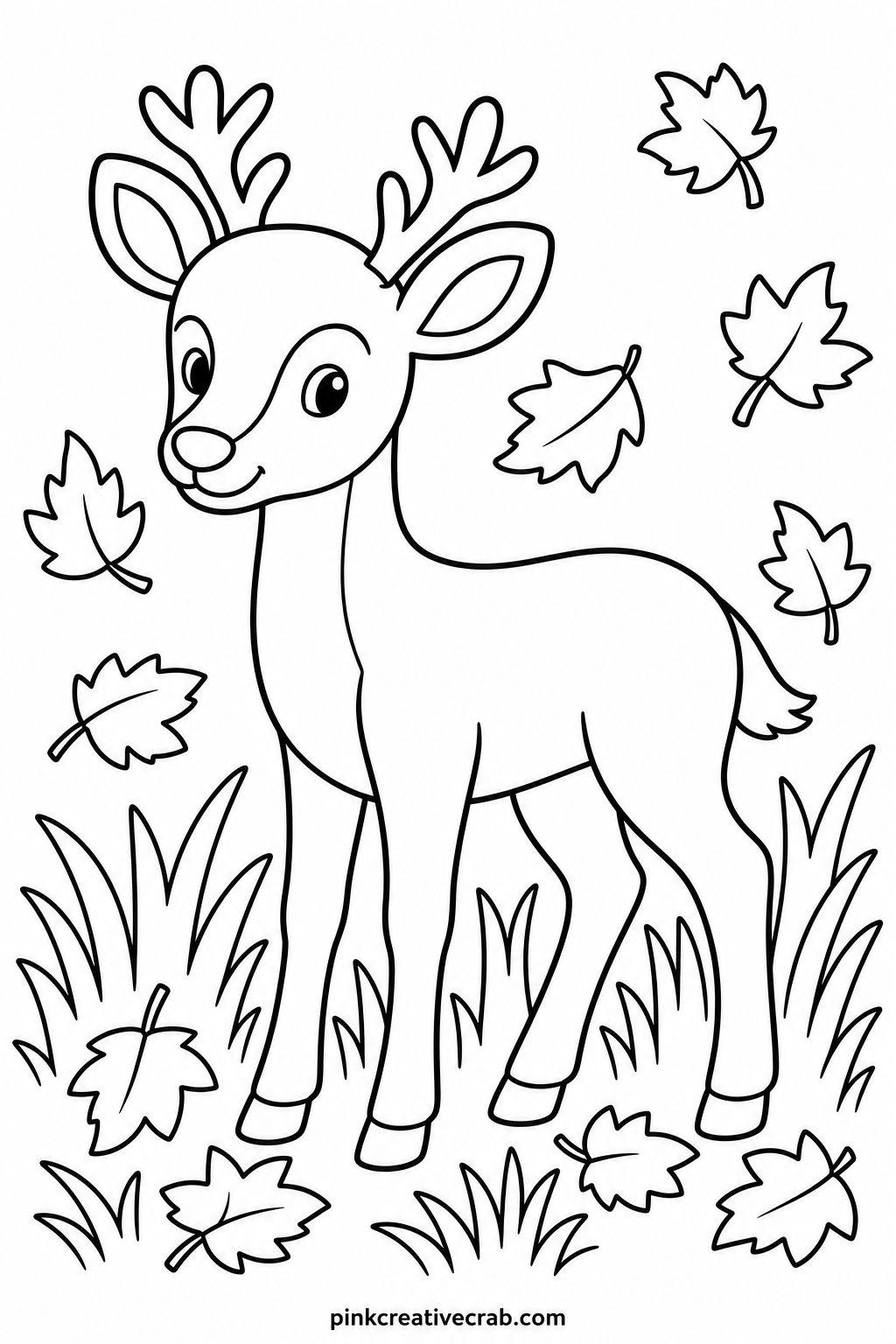 Deer Among Fall Leaves printable page — Soft colored pencils work well on the deer's coat, letting a child layer light and dark brown without the outline