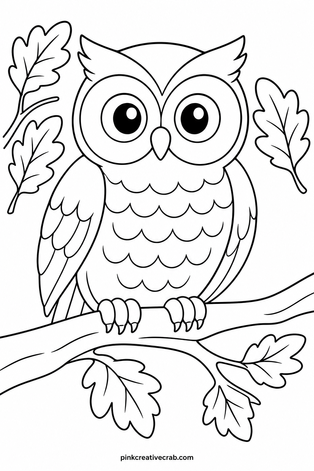 Owl On An Autumn Branch printable page — Leave a ring of white around each eye before coloring the feathers, and the owl's stare pops off the page the moment