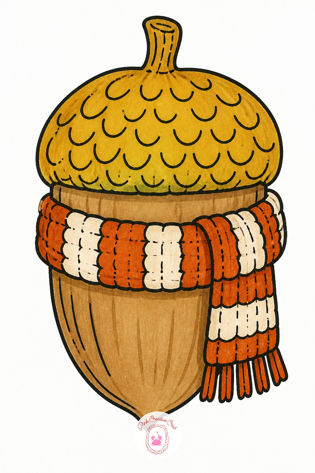 Acorn With Tiny Scarf — Reach for a 0.3 fineliner on the acorn's cap and a slightly thicker 0.5 for the scarf folds, so the two textures read differently even