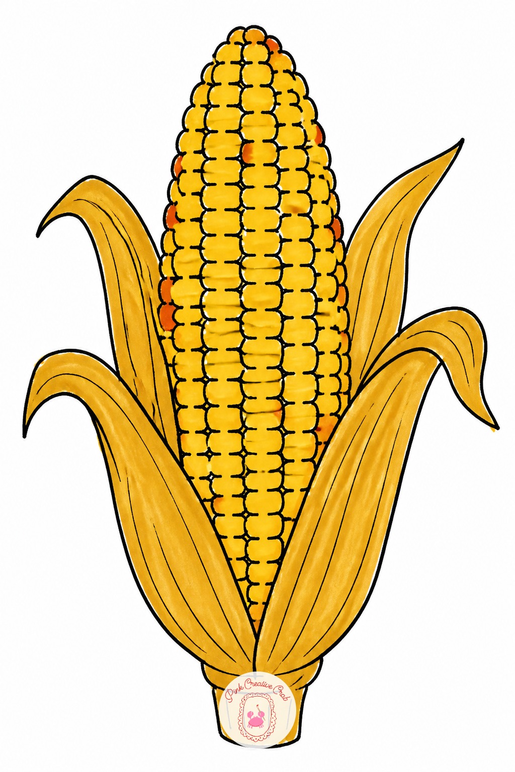 Corn On The Cob — Kernels are not drawn one by one, they are suggested: press the fineliner tip down and lift in short dashes, staggered in offset rows like