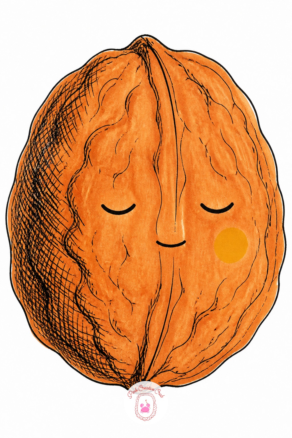 Walnut With A Face — Once the basic walnut shape works, a single curved line down the middle and a bumpy oval around it, change the face each time instead of