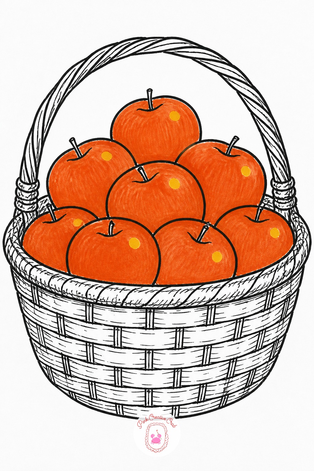 Basket Of Apples — The basket's weave is a texture trick, not a careful drawing job: short diagonal fineliner dashes going one way, then a second layer going