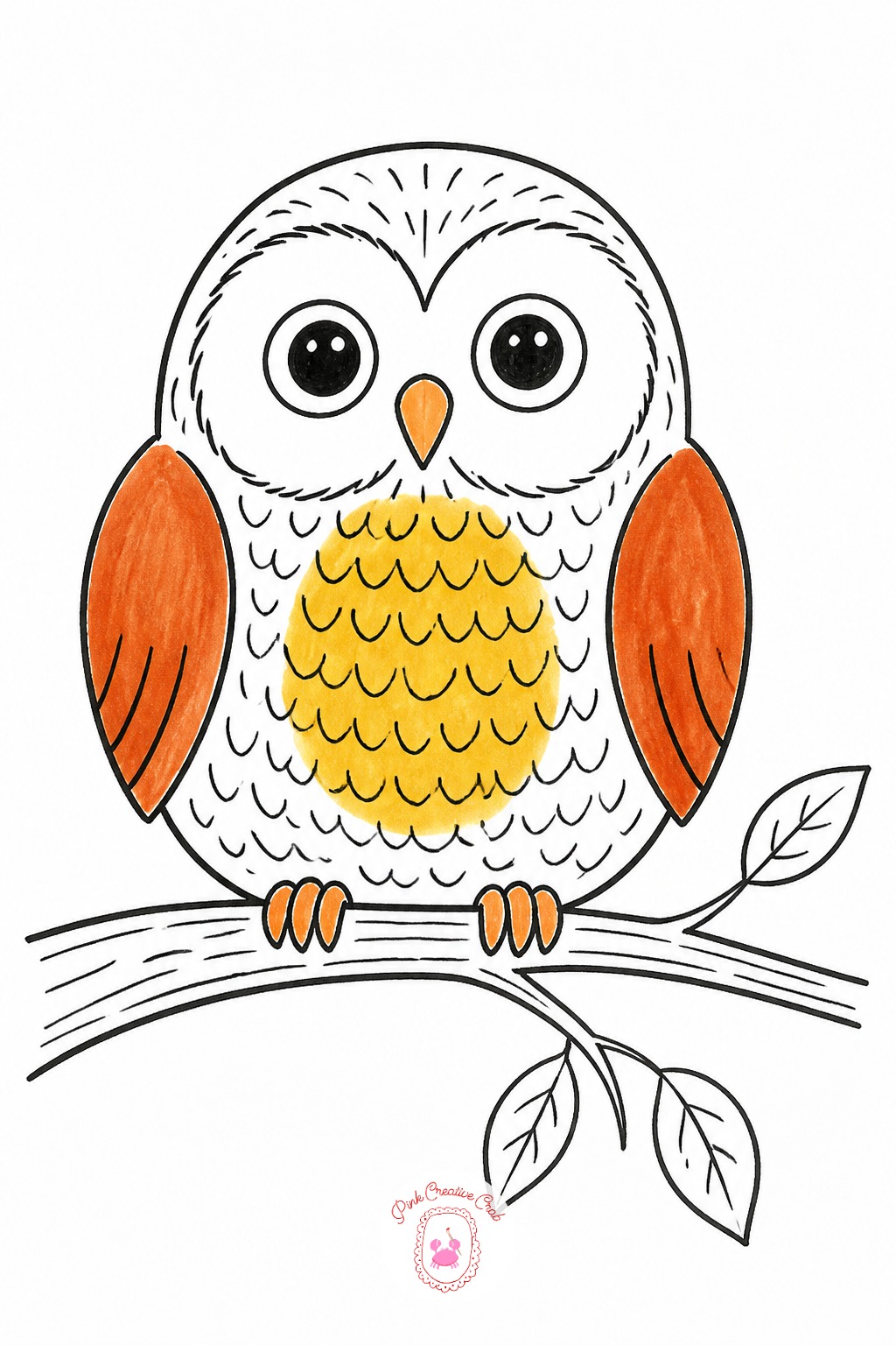 Owl On A Branch — First mark is a simple oval body, second is a rounder head sitting slightly forward of it, third is one horizontal line across the middle of