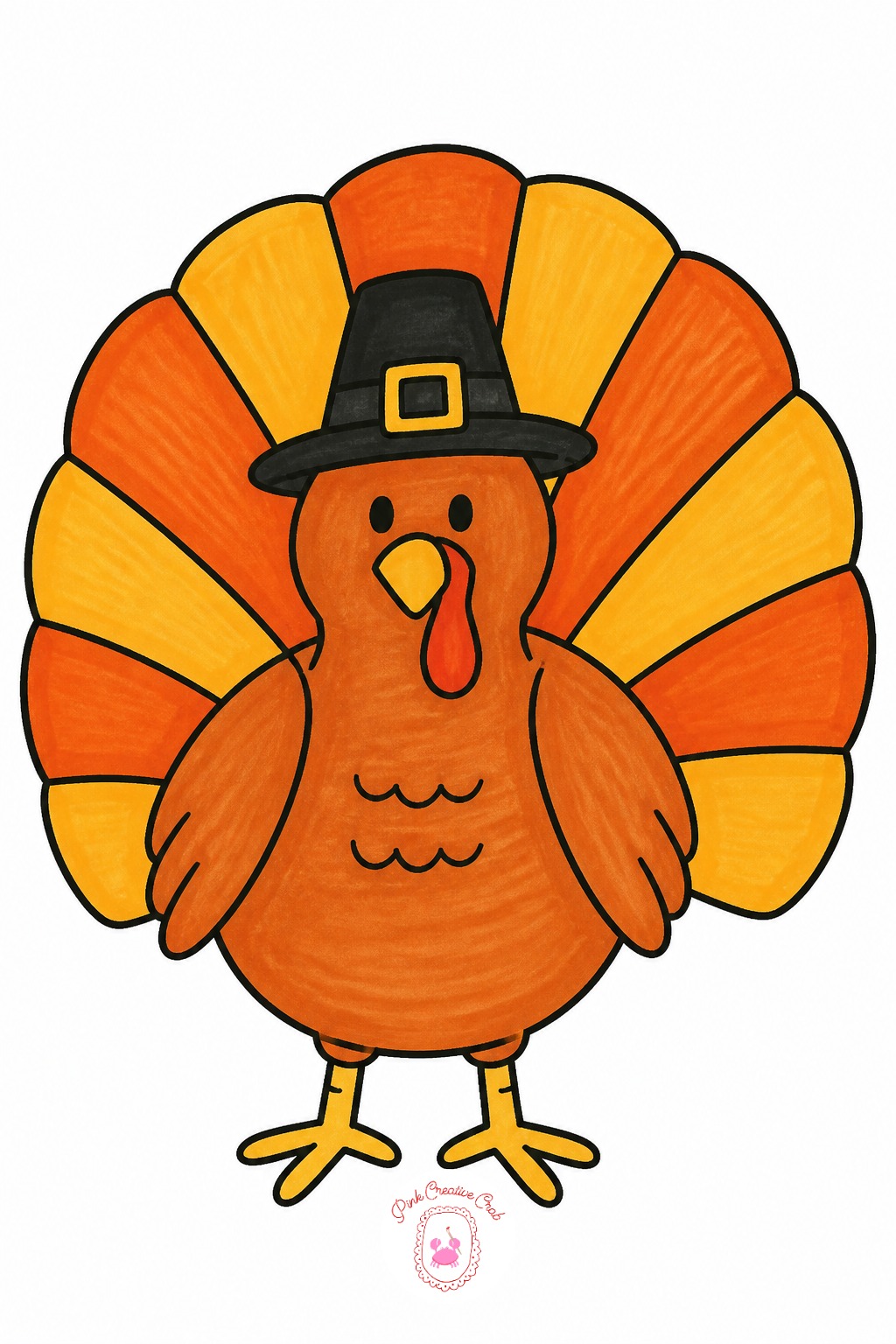Turkey In Pilgrim Hat — Feathers read as a fan of repeated curved shapes, not individual feathers drawn one by one: draw one curved outline for the whole tail