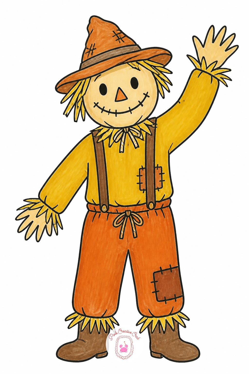 Scarecrow Waving — The common mistake with a waving scarecrow is drawing both arms symmetrical, which looks stiff rather than friendly. Thanksgiving doodles