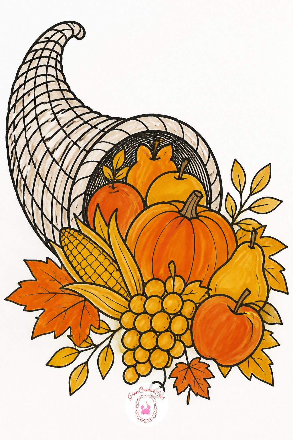 Cornucopia Basket — Ten minutes covers the curved horn shape and three or four simple fruits spilling from the opening, each one just a small circle or oval