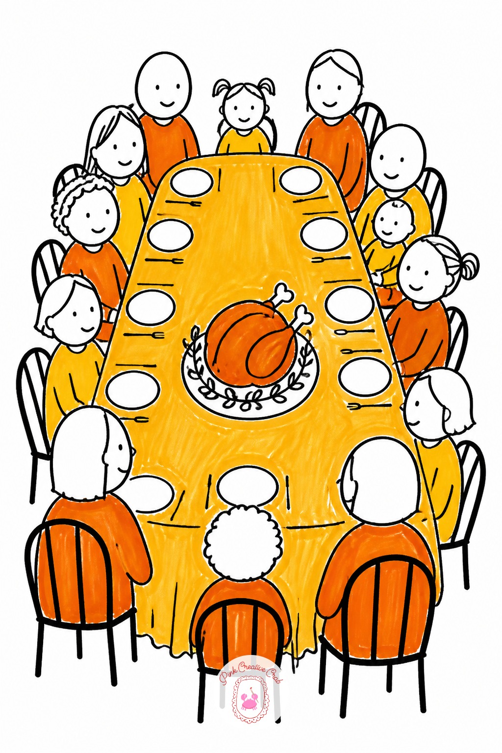 Family Gathered Table — Use the thinnest fineliner in the set, 0.1 or 0.3, since several small figures share one scene and thick lines turn them into blobs