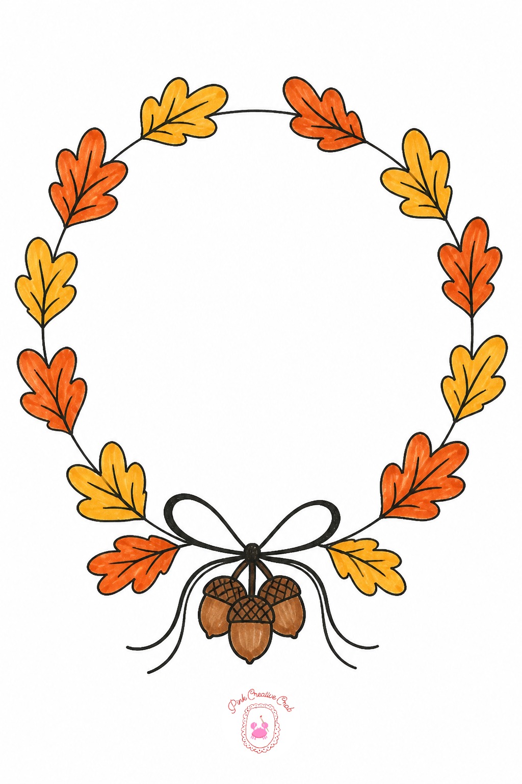 Harvest Wreath Doodle — First mark is a simple circle guide, drawn lightly, that every leaf and acorn will sit around. Thanksgiving doodles