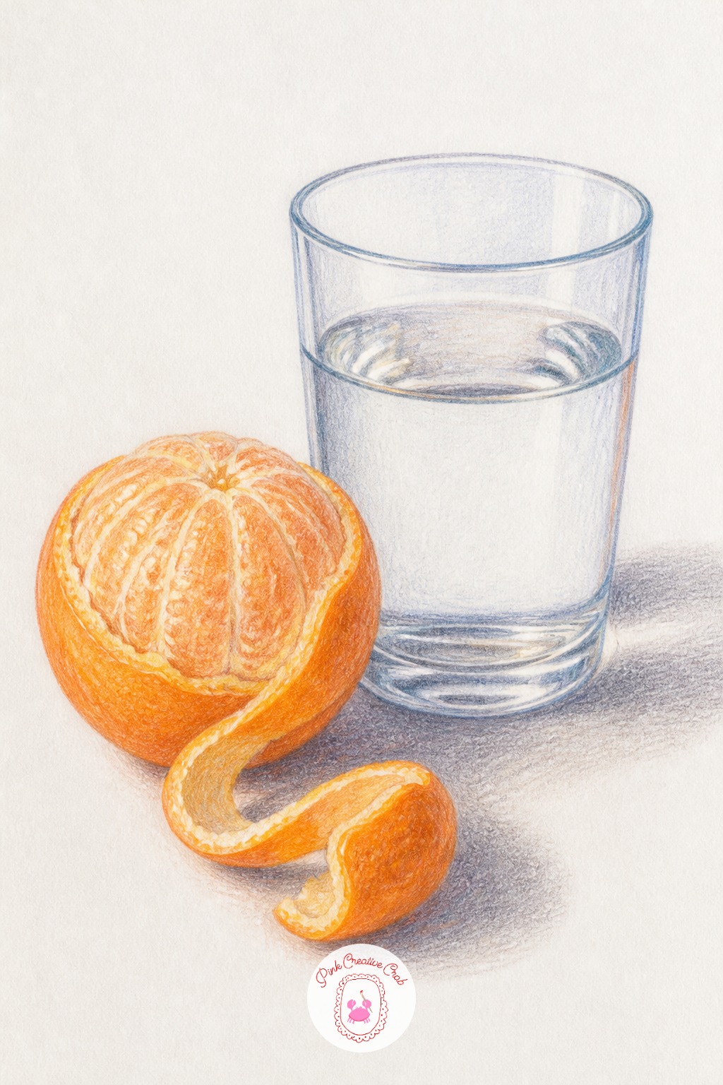 Half-Peeled Orange And Water Glass — Pick a wax-based orange pencil with some tooth left in the paper underneath it, since this setup needs several layers
