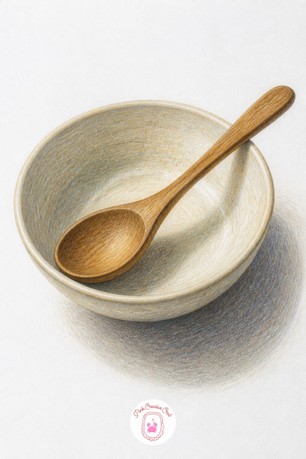 Wooden Spoon In A Bowl — The common mistake with a wooden spoon is drawing its handle as a flat, even strip of brown, which flattens the whole object. Still