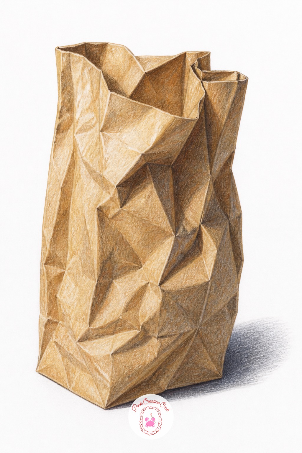 Crumpled Paper Bag — Grab a cool gray colored pencil with a fairly sharp point for this one, since crumpled paper needs crisp creases more than it needs smooth