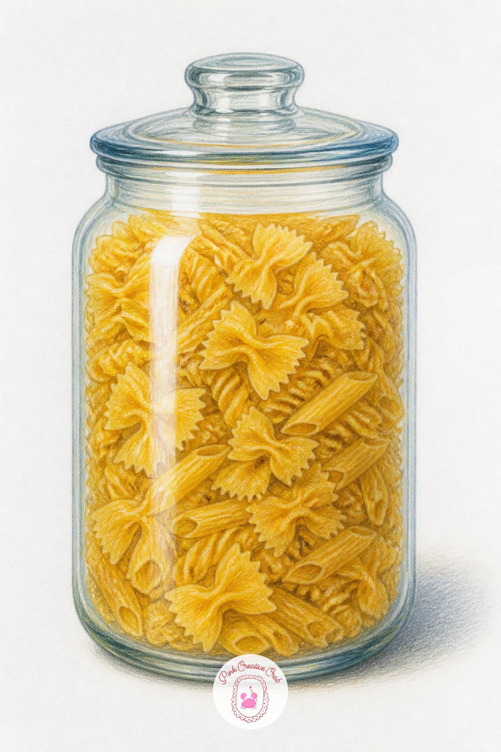 Glass Jar Of Dry Pasta — Draw the jar's outline first as a simple cylinder, then rough in the pasta shapes through the glass before any shading starts, since
