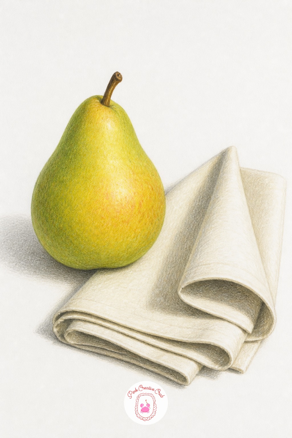 Pear Beside A Folded Napkin — Sit low enough that your eye level lands near the table's surface, and the pear's curved body will show more of its rounded side
