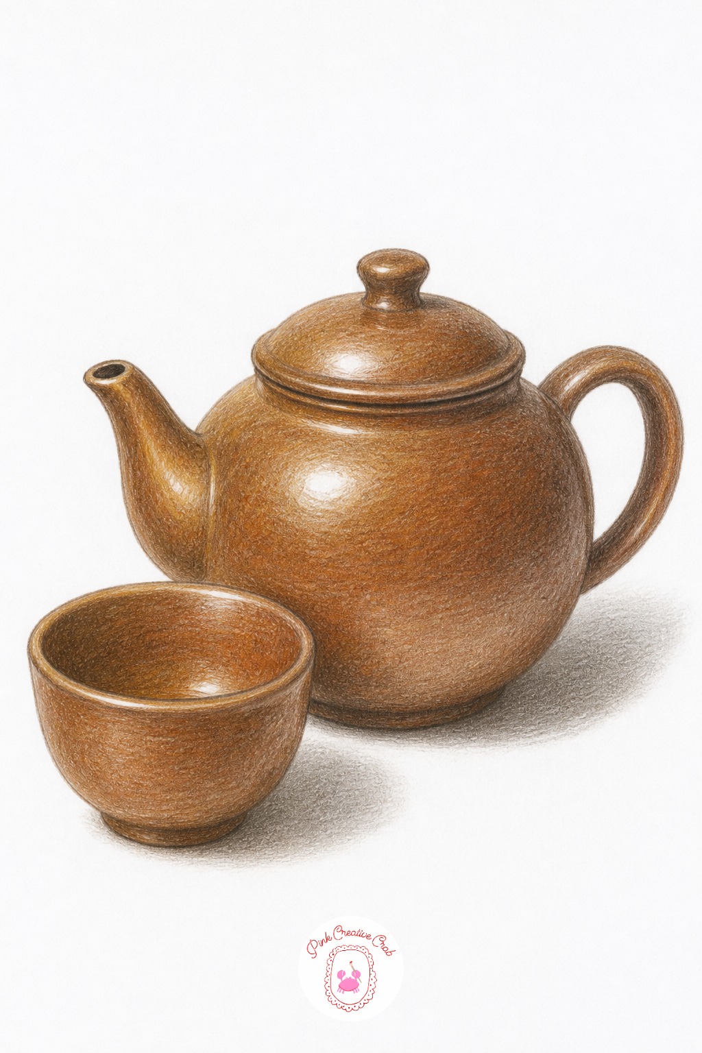 Teapot With One Cup — The common mistake with a teapot is drawing the spout and handle as flat shapes stuck onto the body, instead of as their own small