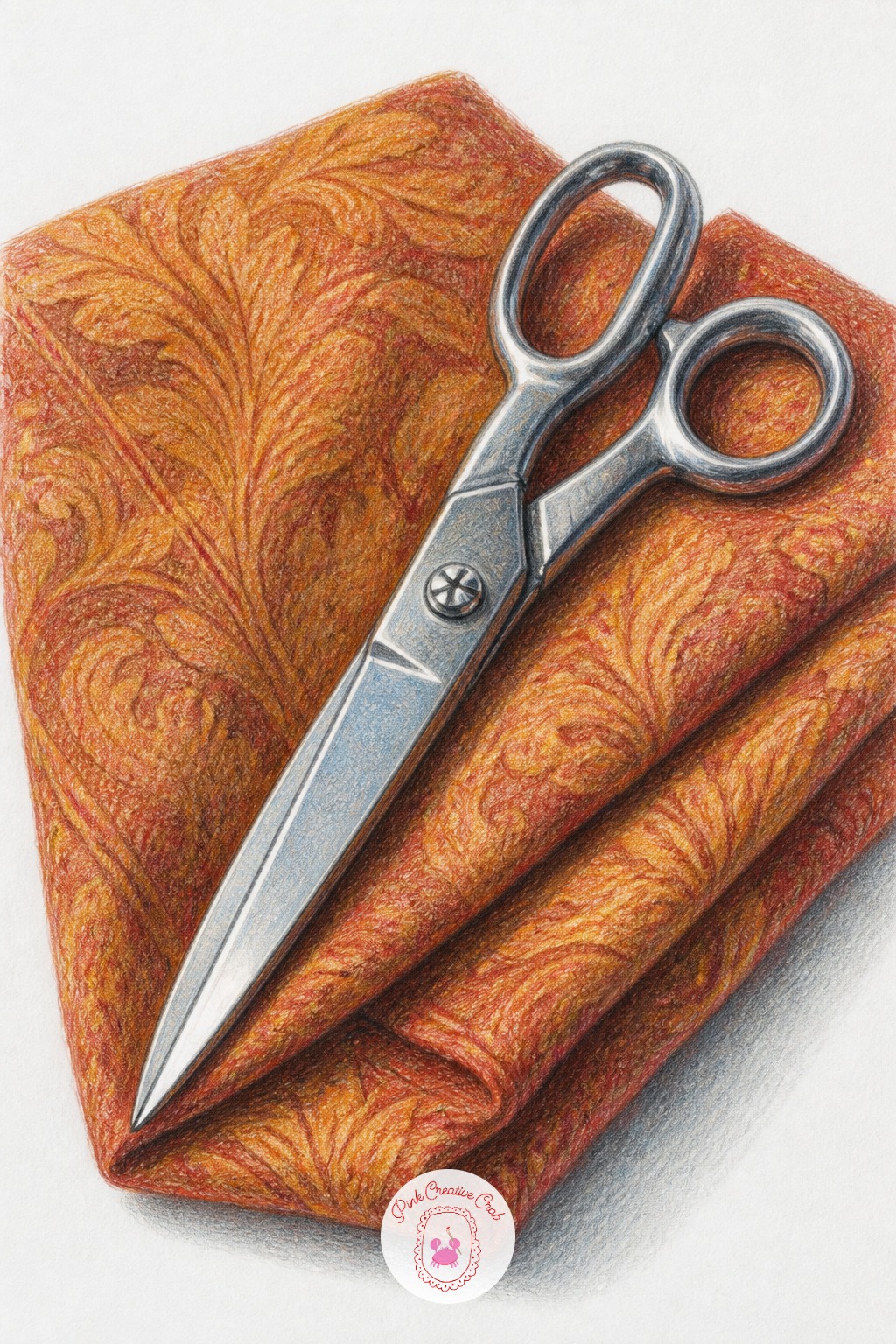 Pair Of Scissors On Fabric — Lay down the scissors' long blades first as two simple crossed lines, then the handles as rounded loops, before any shading