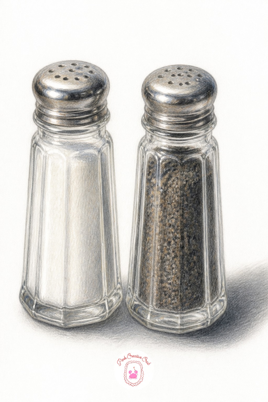 Salt And Pepper Shakers — Set the shakers side by side at table height and draw them from roughly eye level, so their tops read as narrow ellipses rather than
