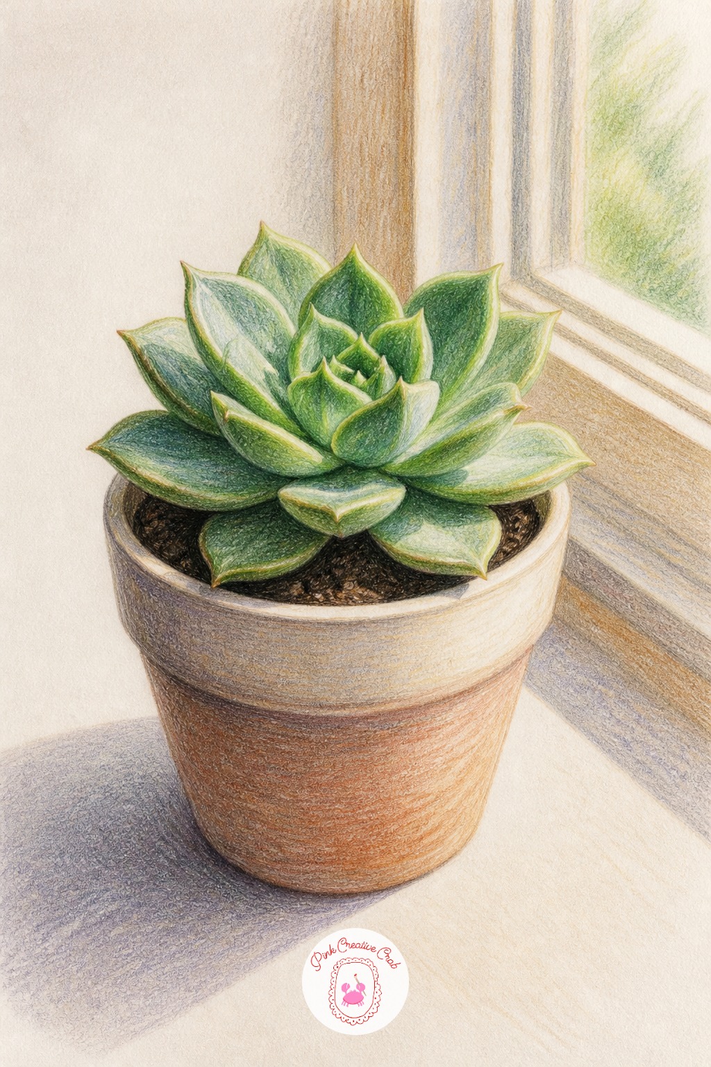 Potted Succulent On Windowsill — The usual mistake with a succulent is drawing every leaf the same flat green, which turns a plant full of small round shapes