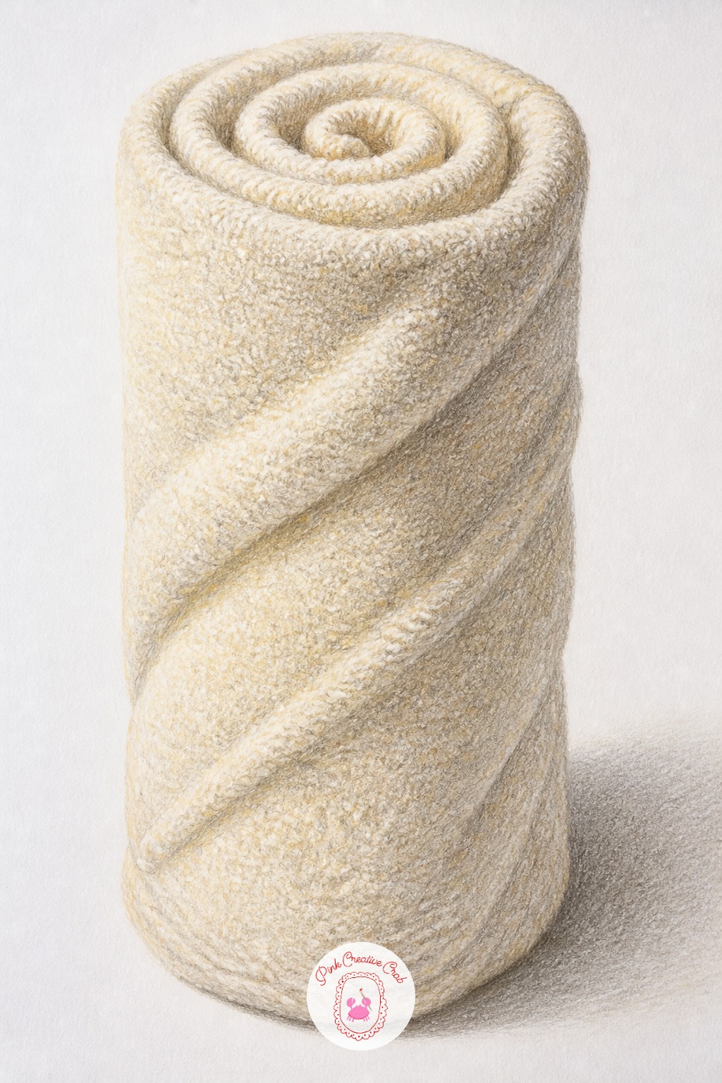 Rolled Up Hand Towel — Draw the towel's rolled cylinder shape first with two simple curved end lines, then the long spiral seam where the fabric wraps around