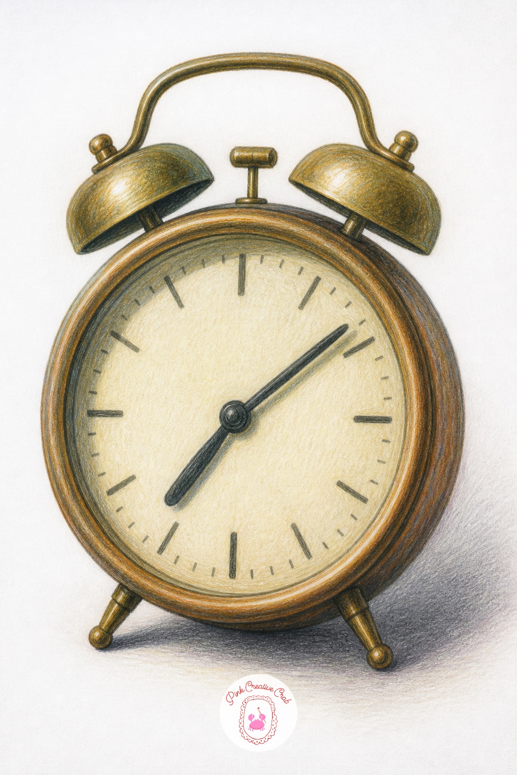 Vintage Alarm Clock — The common mistake with a round clock face is drawing it as a flat circle with numbers floating on top, instead of treating the glass