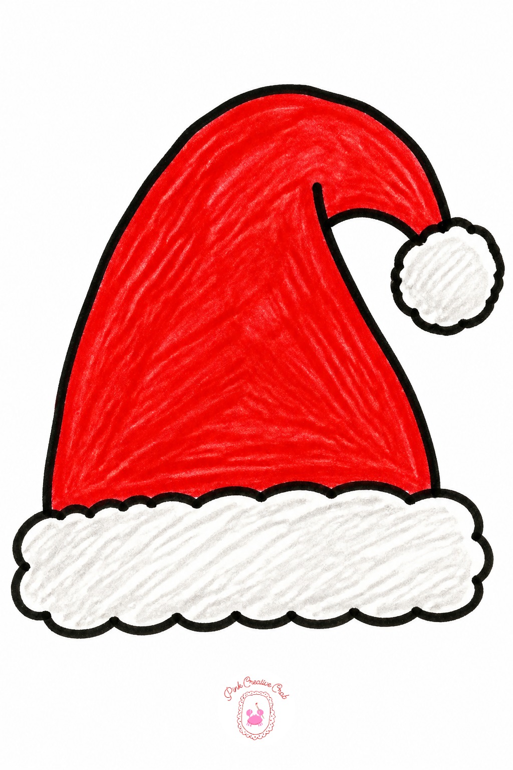 Santa Hat With Pom Pom — Ten minutes is enough for the basic shape: a triangle with a curved white brim along the bottom and a round pom-pom at the tip.