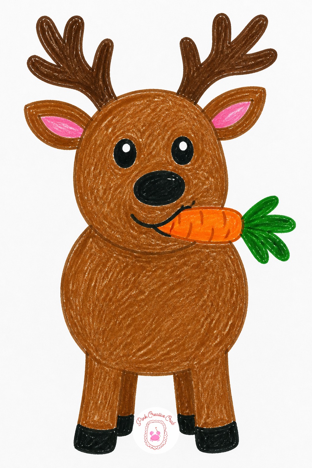 Reindeer Munching A Carrot — Switch to a brown crayon for the body and a thin black marker for the antlers, since antlers need clean branching lines that a