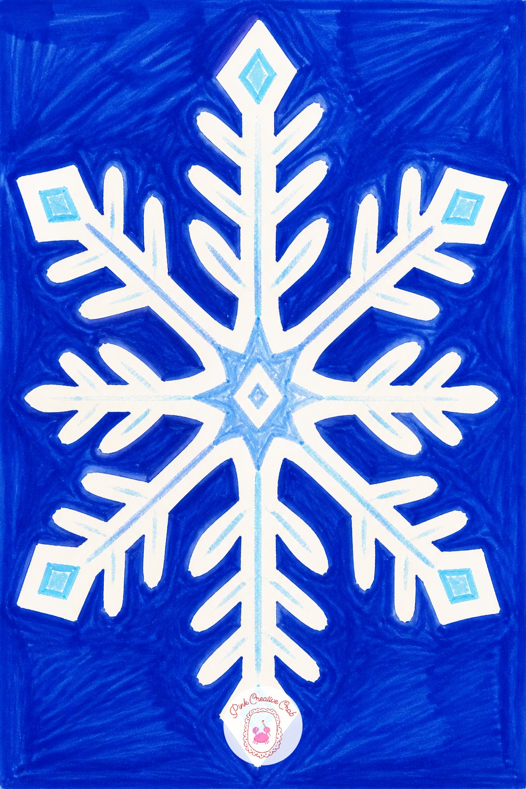Six Pointed Snowflake — Start with one straight vertical line through the center of the paper, then cross it with a second line at an angle and a third