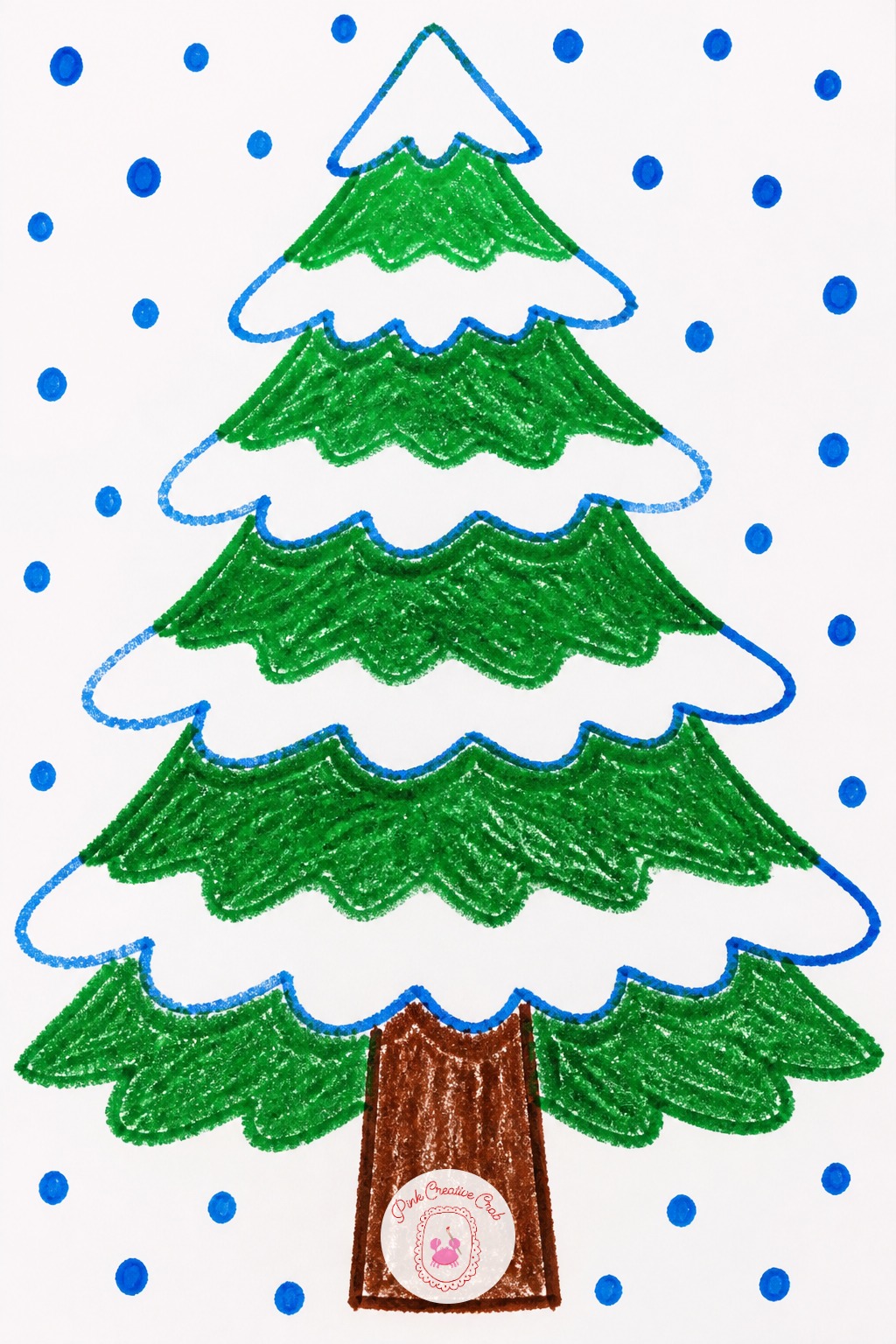 Snow Covered Pine Tree — Draw the full green triangle first, then go back over the top portion of each branch line with white crayon, pressing lightly, so a