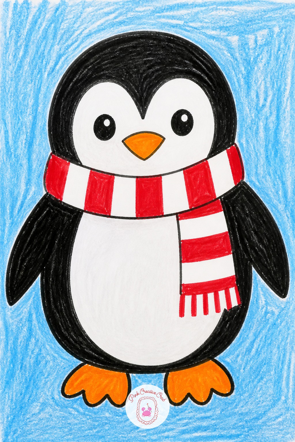 Penguin In A Scarf — Once a standing penguin with a round belly and a striped scarf feels easy, change its pose next time instead of drawing the same stance