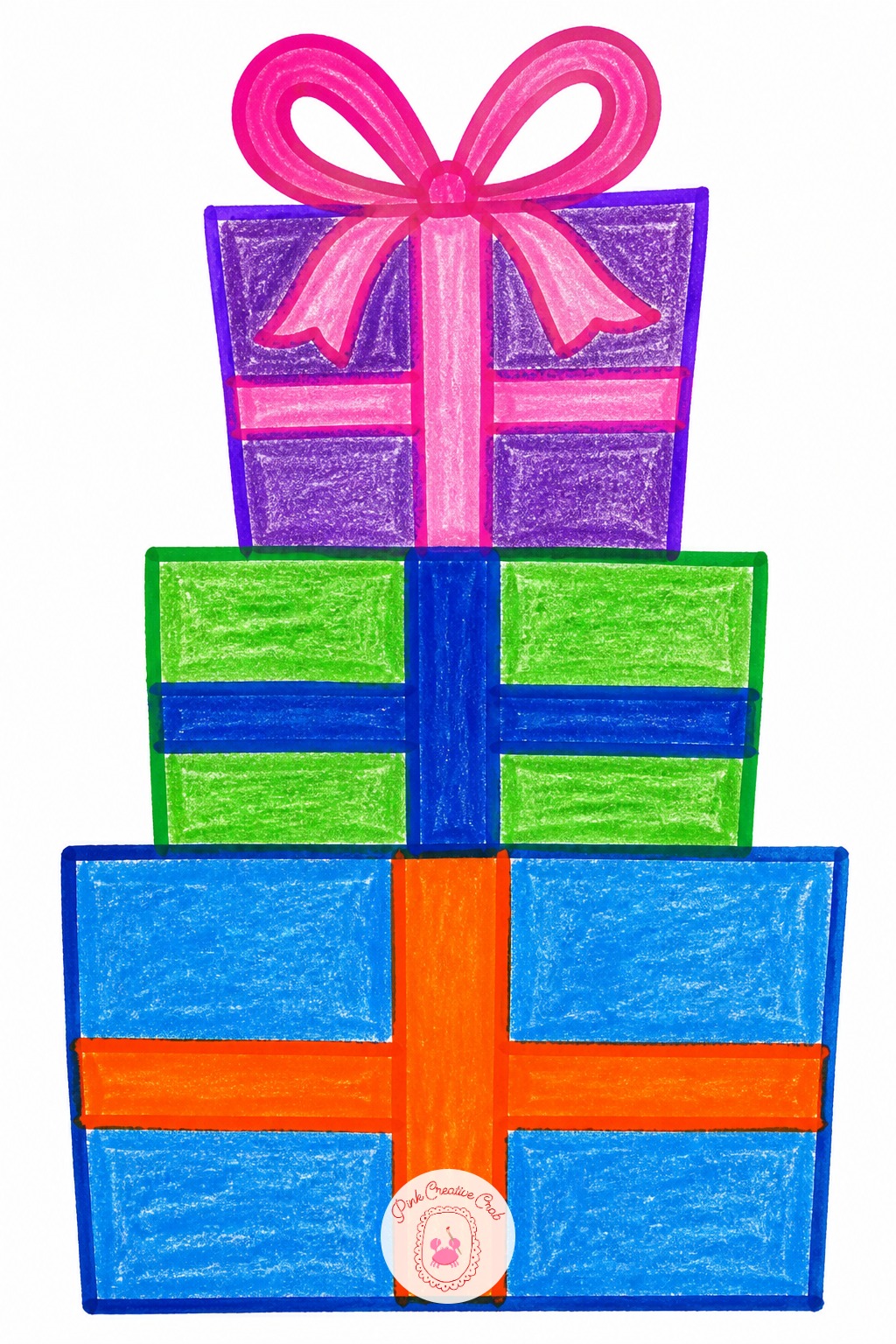 Stack Of Three Gifts — Build the stack from the bottom up and make each box noticeably smaller than the one below it, roughly three quarters the size, so the