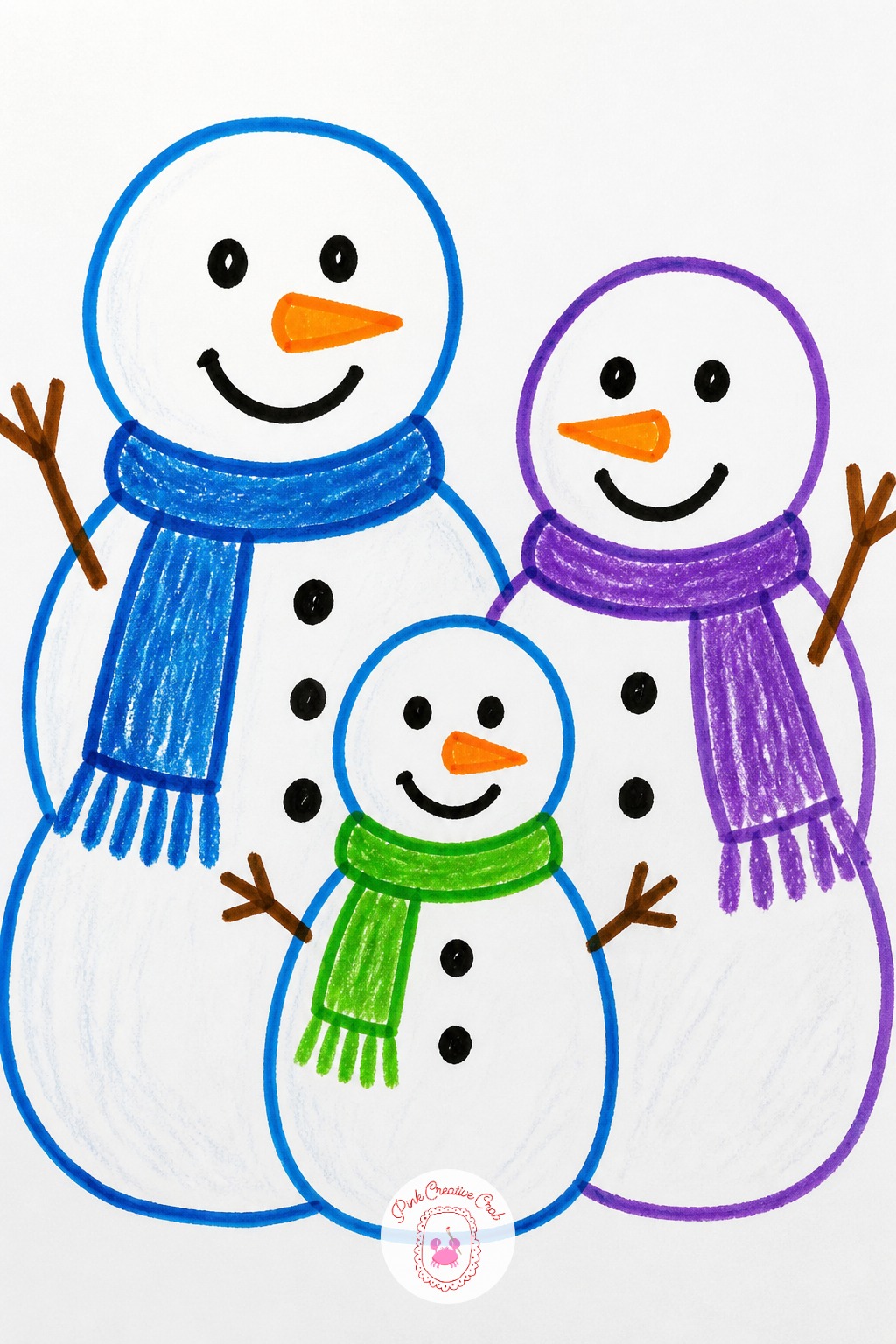 Snowman Family Trio — Vary the pressure of the crayon across the three snowmen instead of coloring all of them the same flat white. Christmas drawing easy