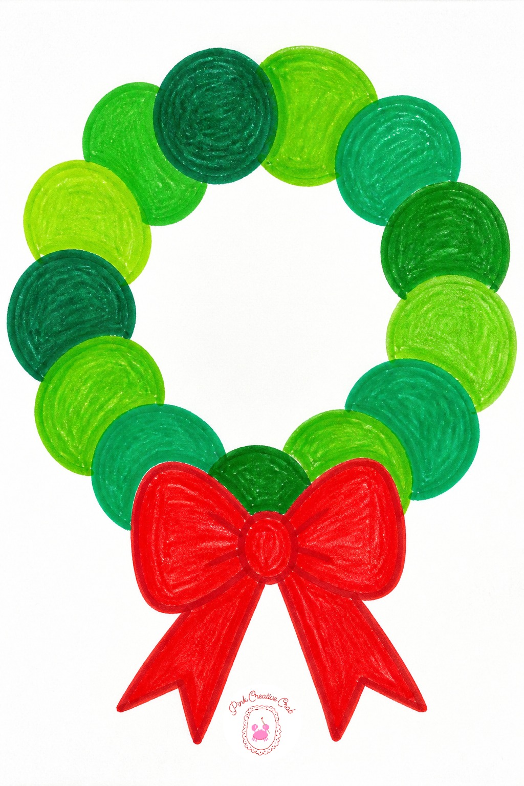 Wreath Of Circles — Ten minutes makes a simple wreath: one big green circle outline with a red bow sitting at the bottom where the two ends of the ring meet.
