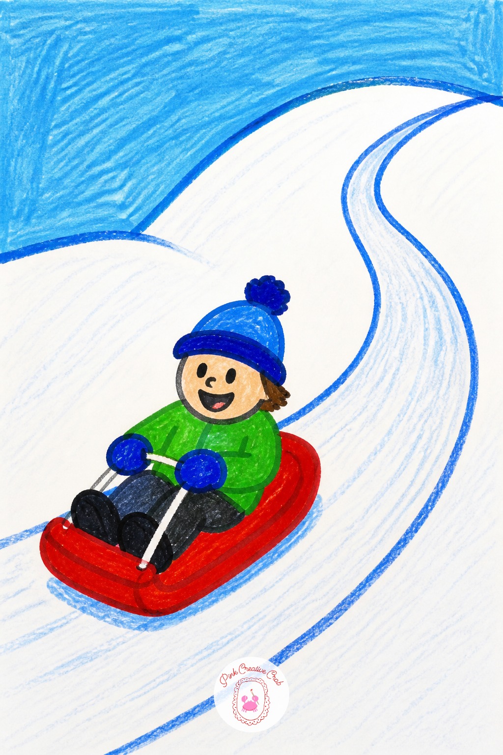 Snowy Sledding Hill — Once a basic hill with one sled works, change the camera angle next time instead of the scene itself. Christmas drawing easy
