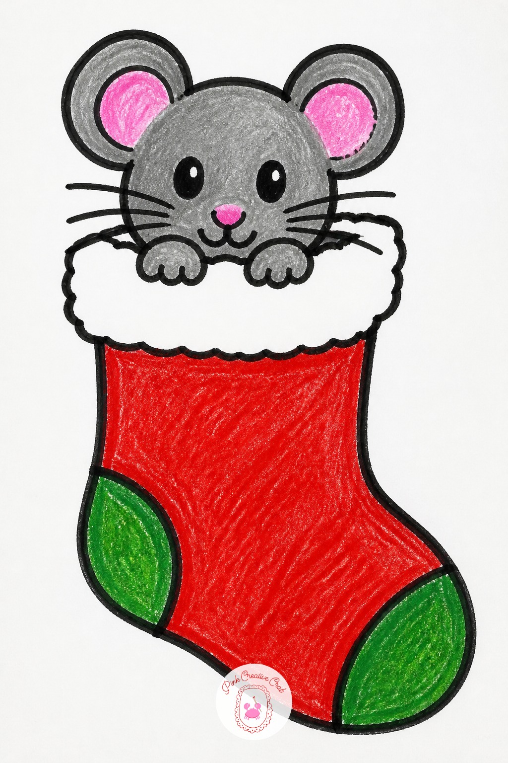 Mouse Peeking From Stocking — Use a gray or brown crayon for the mouse's head and a pink marker for the small details, the ears, nose and tail tip, since pink