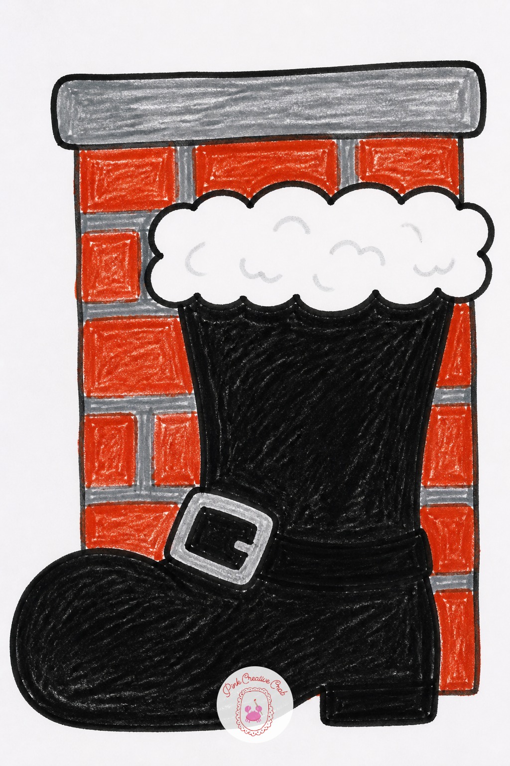 Santa Boot By Chimney — Draw the boot shape first, a tall curved cylinder with a wider foot at the bottom, sitting flat on the ground. Christmas drawing easy