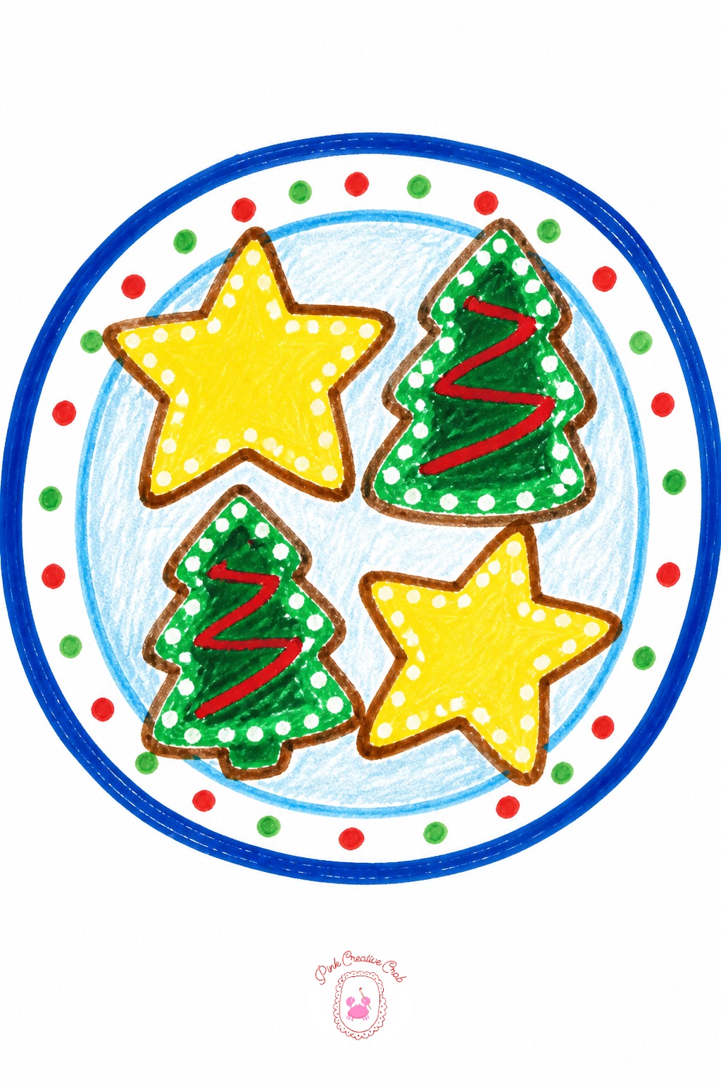 Star And Tree Cookie Plate — Draw each cookie shape first, a few stars and a few trees scattered across a round plate shape, before adding any icing. Christmas