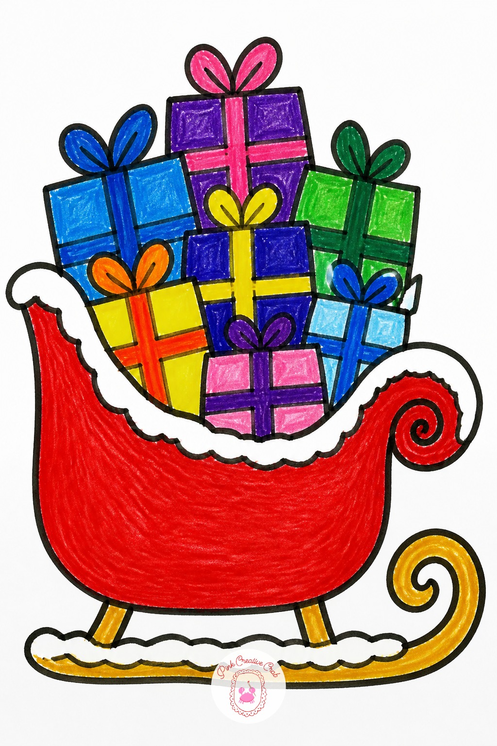 Sleigh Full Of Gifts — Ten minutes covers the basic sleigh: one curved boat-like body with a swirled front runner, filled with a few simple gift box shapes