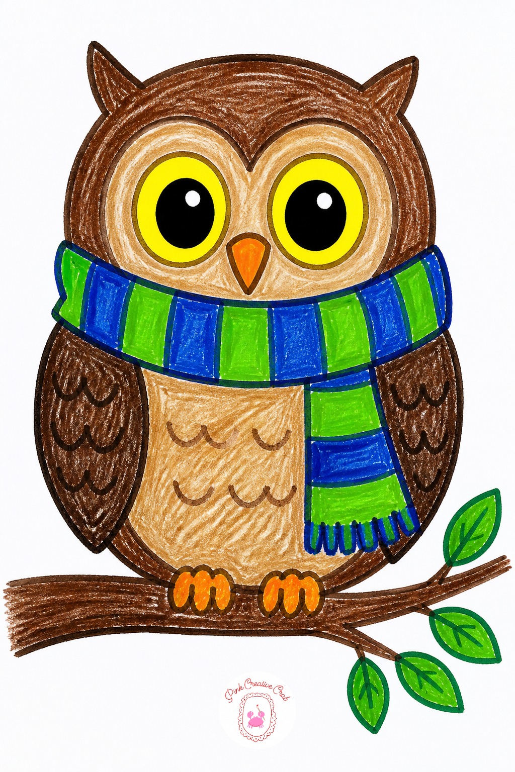 Scarf Wearing Owl On Branch — Once an owl made of one oval body and two round eyes feels comfortable, change the wing position next time instead of repeating
